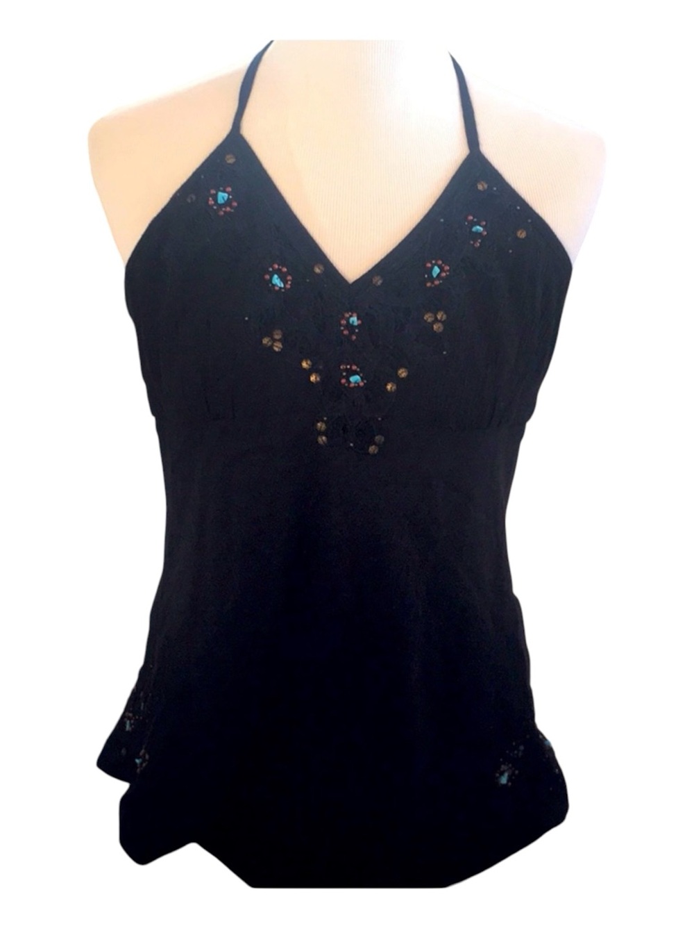Western Boho Black Halter Neck Top Bead Turquoise Embroidered Festival Cami
